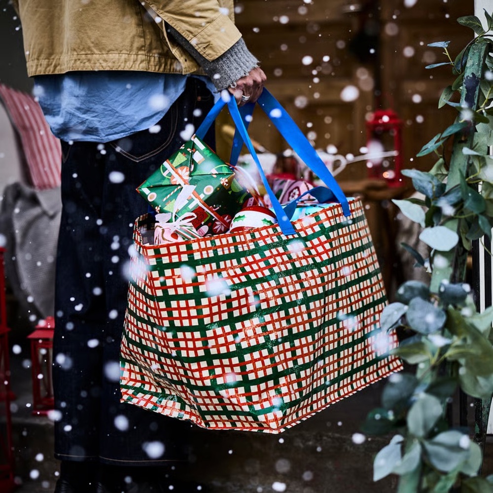 Colorful Plaid Tote Bag with Blue Handles - Picture 2 of 3
